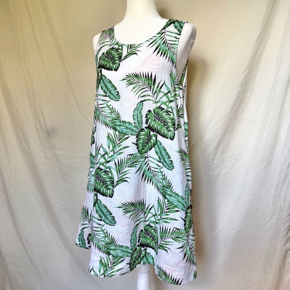 C&C California 100% linen shift dress womens M sleeveless tropical leaf print